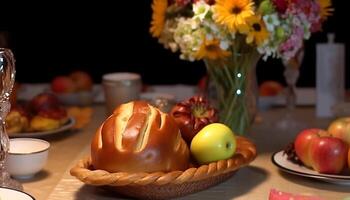 Fresh fruit dessert on wooden plate, perfect for healthy eating generated by AI photo