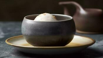 Earthenware bowl holds steamed dessert, tea set in background generated by AI photo