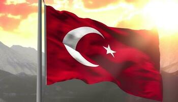 majestuoso turco bandera ondulación en el atardecer, símbolo de patriotismo generado por ai foto