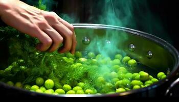 Healthy vegetarian meal preparation with fresh organic green vegetables boiling generated by AI photo