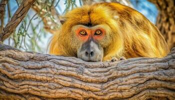 Young primate resting on branch, eyes fixed on human face generated by AI photo