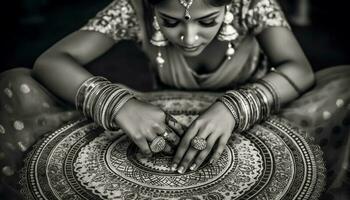 Smiling young woman holding henna tattoo decoration, Indian culture elegance generated by AI photo