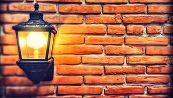 Ancient lantern hanging on weathered brick wall, glowing bright yellow generated by AI photo