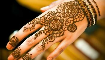 Elegant henna tattoo decorates hand of Indian bride in close up generated by AI photo