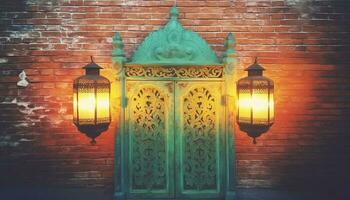 Illuminated lanterns adorn old Arabic building, symbolizing indigenous spirituality generated by AI photo