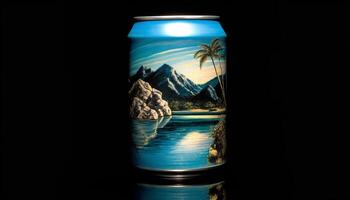 Blue glass bottle reflects mountain landscape in dark night sky generated by AI photo