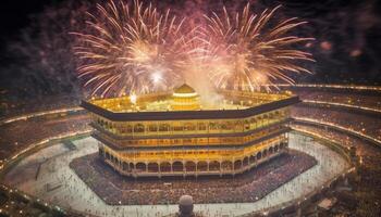 Illuminated cityscape igniting firework display at famous traditional festival generated by AI photo