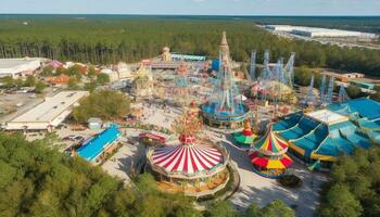 Joyful families spin on carousel at traditional carnival celebration outdoors generated by AI photo