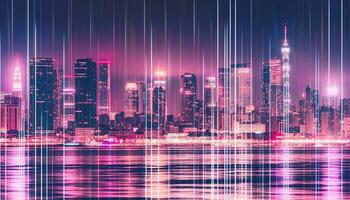 Futuristic city skyline glows with neon lights and geometric shapes generated by AI photo