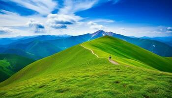 Summer hiking adventure through panoramic mountain landscape, tranquil meadow footpath generated by AI photo