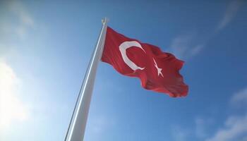 Flagpole waving Turkish flag, majestic national landmark in background generated by AI photo