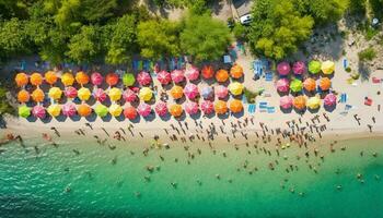 niño en multi de colores trajes de baño disfruta verano Dom y olas generado por ai foto