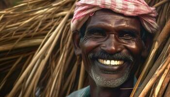 Smiling indigenous male outdoors, portrait of cheerful human face generated by AI photo