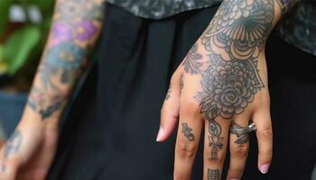 de moda joven mujer escaparate individualidad con elegante alheña tatuajes generado por ai foto