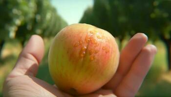 Ripe apple held by hand, fresh from farm autumn harvest generated by AI photo