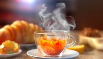 Rustic croissant and coffee on wooden table, perfect breakfast refreshment generated by AI photo