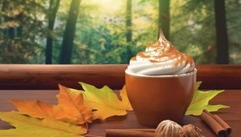 otoño todavía vida caliente latté con azotado crema y calabaza especia generado por ai foto