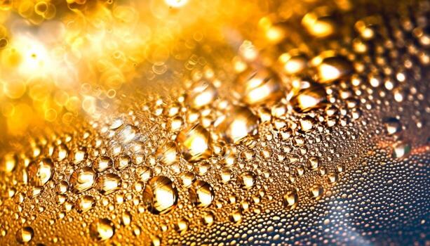 Wet glass reflects abstract pattern of gold colored drink refreshment generated by AI photo