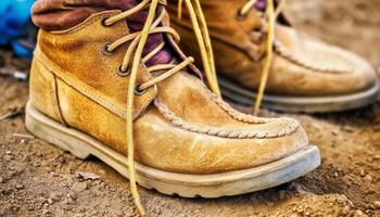 antiguo cuero excursionismo bota con sucio cordones de los zapatos en lodoso naturaleza generado por ai foto