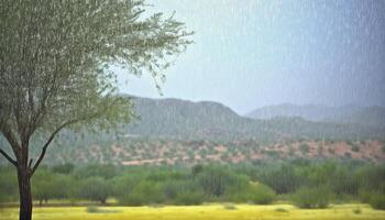 Green meadow, blue sky, mountain landscape summer outdoors scene generated by AI photo