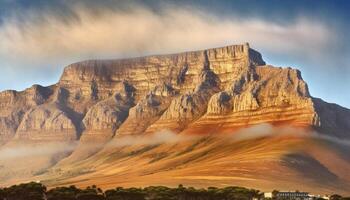 majestuoso montaña rango, erosionado acantilado, tranquilo prado, natural belleza generado por ai foto