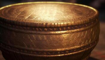 Antique wooden bowl with ornate metallic gold pattern decoration generated by AI photo