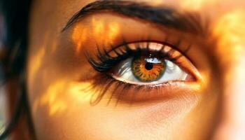 Intense gaze iris pupil, eyelashes, close up, human eye, vision generated by AI photo