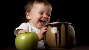 linda niñito sonriente mientras participación Fresco Fruta cuenco en estudio Disparo generado por ai foto