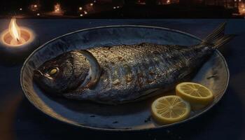 Grilled seafood meal with fresh mackerel fillet and lemon generated by AI photo