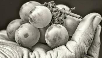 amor y crecimiento simbolizado en maduro uva retenida por humano mano generado por ai foto