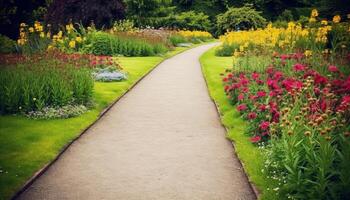 Walking on the green footpath, surrounded by nature beauty generated by AI photo