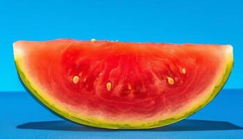 jugoso sandía rebanada, un dulce verano refresco en azul plato generado por ai foto