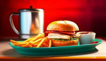 insalubre comida de hamburguesa, papas fritas, y reajuste salarial en rápido comida restaurante generado por ai foto