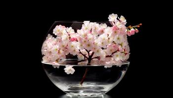 Fresh orchid blossom in glass jar, reflecting nature beauty generated by AI photo