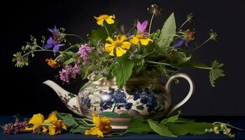 Fresh bouquet of yellow and purple wildflowers in ceramic vase generated by AI photo