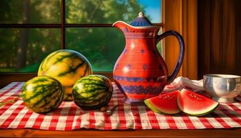 orgánico sandía postre en rústico mesa con multi de colores vajilla generado por ai foto