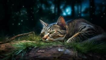 Fluffy feline resting under tree, staring at tranquil scene generated by AI photo