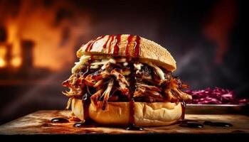 Grilled pulled pork sandwich with homemade barbecue sauce and coleslaw generated by AI photo