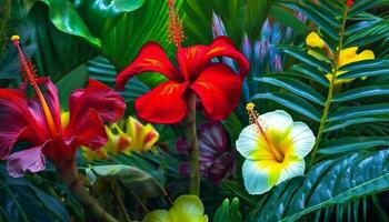 vibrante hibisco florecer en tropical selva, un belleza en naturaleza generado por ai foto