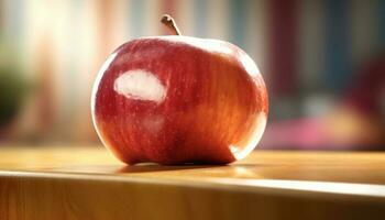 jugoso rojo manzana en de madera mesa, Perfecto sano bocadillo idea generado por ai foto