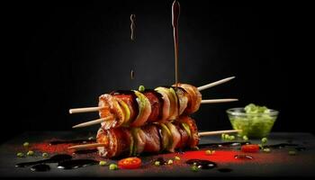 Grilled skewered meat with fresh vegetables, a gourmet barbecue meal generated by AI photo