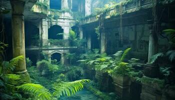 Ancient ruins in dark forest hold spooky mystery and history generated by AI photo