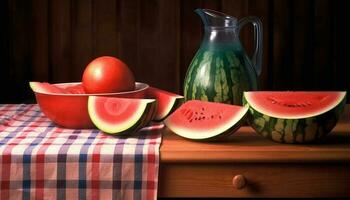 Ripe watermelon slice on rustic table, perfect summer refreshment snack generated by AI photo