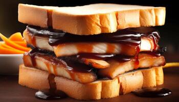 Stack of homemade sweet bread with bacon and melted chocolate generated by AI photo