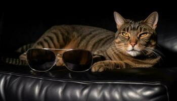 Cute kitten with sunglasses relaxing in the sun outdoors generated by AI photo