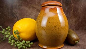 orgánico limón jugo en rústico vaso frasco, Perfecto verano refresco generado por ai foto