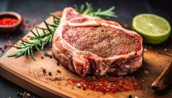 Grilled porterhouse steak, seasoned with herbs and spices, on rustic cutting board generated by AI photo