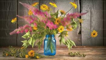 Fresco ramo de flores de flores silvestres en rústico florero en de madera mesa generado por ai foto