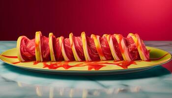 Grilled pork slice on gourmet plate with fresh vegetables generated by AI photo