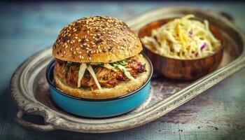 Rustic pulled pork sandwich on wooden table with fresh coleslaw generated by AI photo